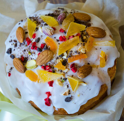 Easter cake holiday outlay with wooden decoration