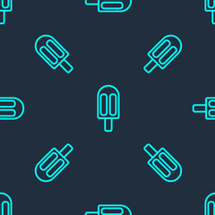 Green line Ice cream icon isolated seamless pattern on blue background. Sweet symbol. Vector Illustration.
