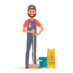 Worker of cleaning service with mop, bucket and caution wet floor sign. Vector illustration isolated on white background