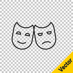 Black line Comedy and tragedy theatrical masks icon isolated on transparent background. Vector Illustration.