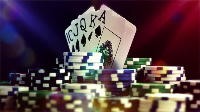 royal flush and Poker Chips rotating on black background with show lights. Seamlesly loop