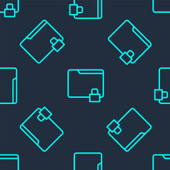 Green line Folder and lock icon isolated seamless pattern on blue background. Closed folder and padlock. Security, safety, protection concept. Vector Illustration.