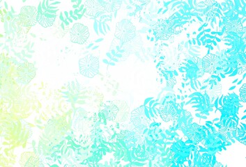 Light Blue, Green vector doodle backdrop with leaves, flowers.