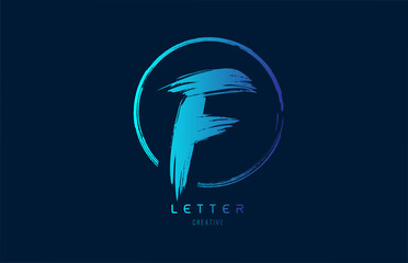 blue hand grunge brush letter F icon logo with circle. Alphabet design for a company design