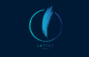 blue hand grunge brush letter I icon logo with circle. Alphabet design for a company design