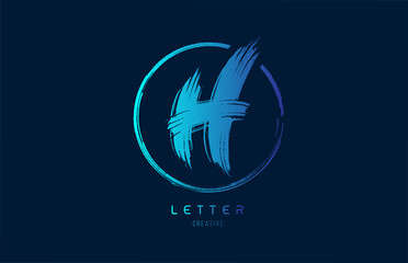 blue hand grunge brush letter H icon logo with circle. Alphabet design for a company design