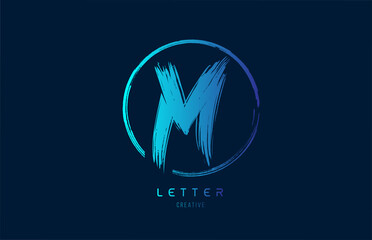 blue hand grunge brush letter M icon logo with circle. Alphabet design for a company design
