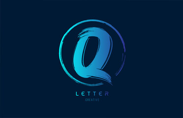 blue hand grunge brush letter Q icon logo with circle. Alphabet design for a company design