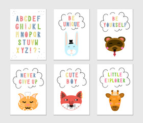 Cute nursery posters set. Scandinavian style alphabet with funny animals and quotes. Hand drawn vector. Kids wall art, prints, baby shower, greeting cards, birthday card, t-shirt. Modern illustration.