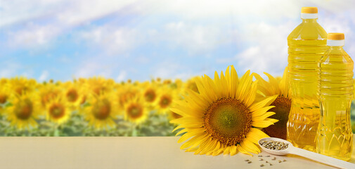 Sunflower oil in bottles, seeds and flowers of sunflower close-up with space for text on the...