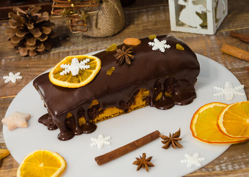 Chocolate Orange Christmas  Cake With Fir Tree And Other Decoration