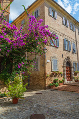 Corinaldo historic center with stone houses, steps and flowers