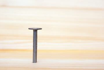 one iron nail in a wooden board