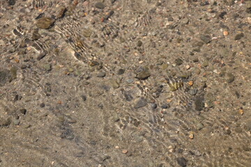 Water ripples over sand and stones