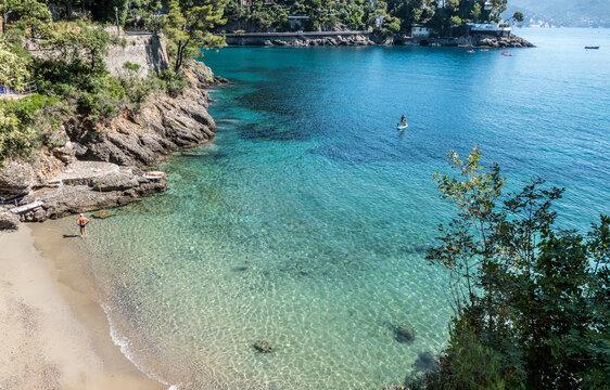 The bay of Paraggi in Portofino with green and transparent water