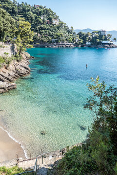 The bay of Paraggi in Portofino with green and transparent water
