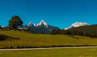Beautiful alpine view of the famous Watzmann and Hochkalter summits near Berchtesgaden, Bavaria, Germany