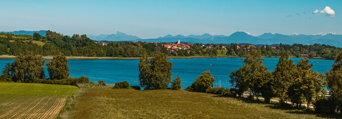 Beautiful alpine view near Waging am See with the famous Schafberg in the background, Waging,...