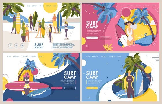 Surf camp or surfing school banners or landing page templates in vibrant colors. Flat cartoon surfers young characters with surfboards, palms and sea wave