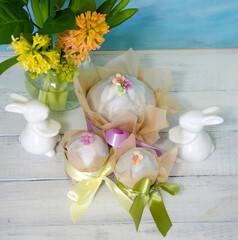 Easter cake holiday outlay with wooden decoration