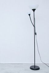 Floor electric black lamp with white shades in the interior of  room.