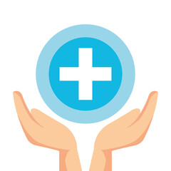 hands holding cross shape inside circle, medical and health concept