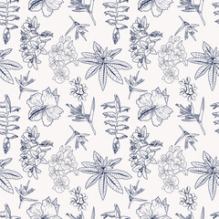 pattern of hand drawn tropical exotic flowers, leaves, jungle plants.