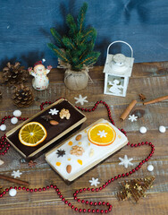Chocolate orange Christmas  cake with fir tree and other decoration