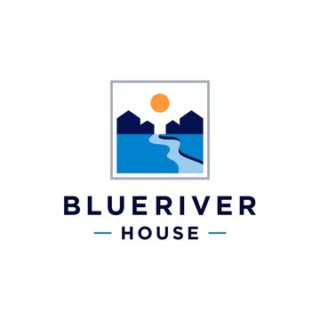 geometric creek river house property real estate logo vector icon illustration