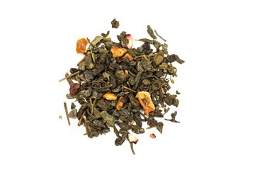  Leaves of Chinese Dry Tea Top Grade with Goji Berries and Powdered Acai on White Background