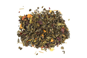  Leaves of Chinese Dry Tea Top Grade with Goji Berries and Powdered Acai on White Background