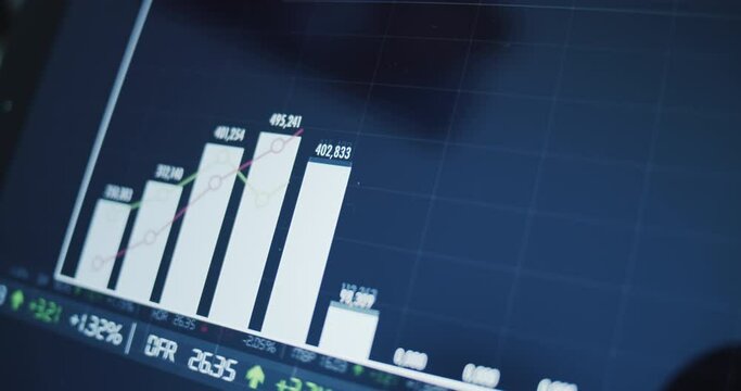 Column chart with financial data show rising price on tablet screen. Rising sales illustrated by digital chart.