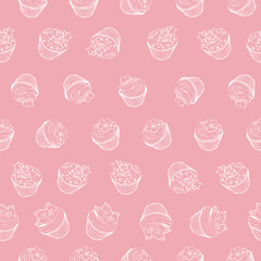 Seamless pattern of hand drawn outline cupcakes on pink background design