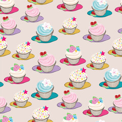 Seamless pattern of hand drawn cupcakes on plate background design