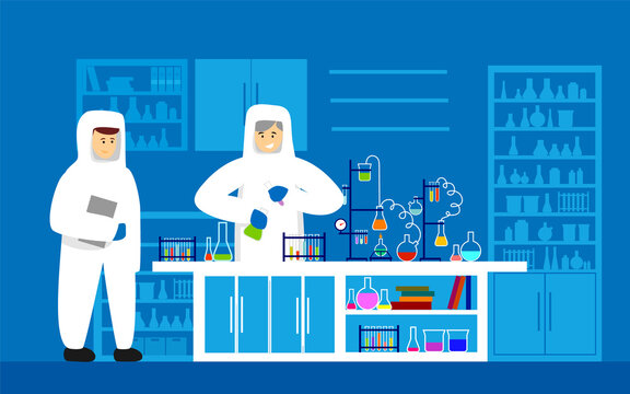 Dangerous chemical lab experiment illustration. Scientists in protective suits lab cartoon characters mixing toxic fluid Chemistry pharmacy biotechnology Laboratory biochemical discovery.