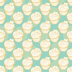 Seamless pattern of hand drawn outline cupcakes polka dot background design
