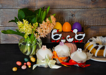 Easter cake holiday outlay with wooden decoration