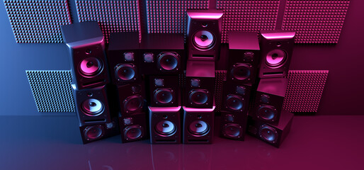 Disco Floor Party Laser Neon Purple Blue Violet Sci Fi Futuristic Glowing Club Dance Loud Speakers Reflective Floor Realistic Background Music Studio Hi Tech 3D Rendering