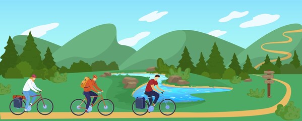 People travel by bike flat vector illustration. Cartoon active cyclist character traveling, cycling in summer natural mountain landscape, summertime adventure, outdoor nature sport activity background