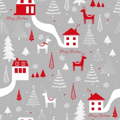 Fototapeta na wymiar Funny seamless vector pattern with deers, houses, snowflakes and Christmas tree. Can be used fabric, phone case and wrapping paper..