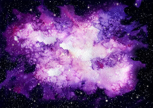 Watercolor Glowing, Stars and Pink Galaxy © Nebula Cordata