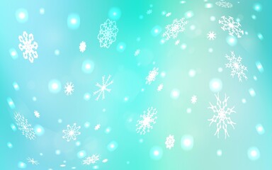 Light Blue, Green vector template with ice snowflakes. Snow on blurred abstract background with gradient. The pattern can be used for new year ad, booklets.