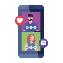 couple in video chatting online on smartphone, with social media icons vector illustration design