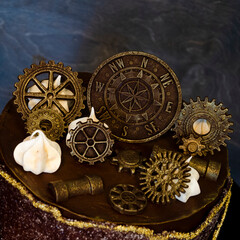 Gorgeous extra chocolate steam punk cake with gilded glaze