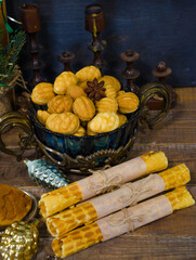 New year Retro sweets with caramel with old-fashioned candle stand