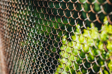 The texture of a rusty metal interwoven mesh netting against the background of nature, as protection and protection.