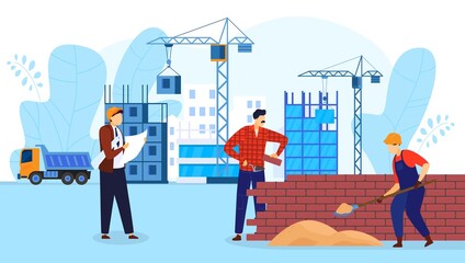 People in building construction technology flat vector illustration. Cartoon worker builder characters working with professional tools, architect holding constructing plan blueprint isolated on white © Seahorsevector