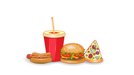 Vector fast food illustration on white isolated background. Pizza, chisburger, hot dog and drink. Street fast food lunch or breakfast meal set. EPS 10.