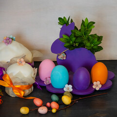 Easter cake holiday outlay with wooden decoration