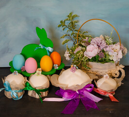 Easter cake holiday outlay with wooden decoration